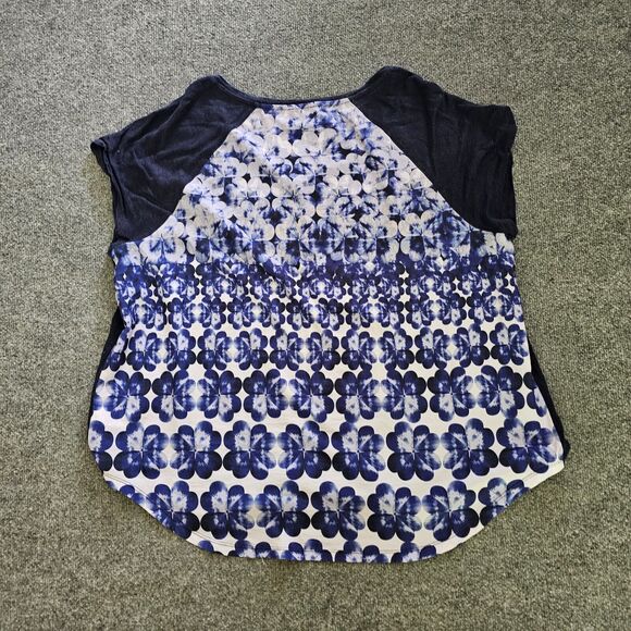 Talbots Top Shirt Women 2X Blue Linen Tie Dye Short Sleeve Round Neck Casual - Picture 8 of 10